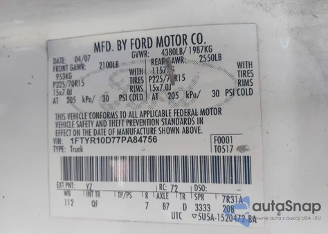 2007 Ford Ranger Stx/Xl/Xlt z USA, uszkodzony, nr VIN 1FTYR10D77PA84756